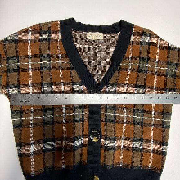 Marled Medium Plaid Button Cardigan Brown Black V-Neck Long Sleeve Soft Stretch - Picture 12 of 13